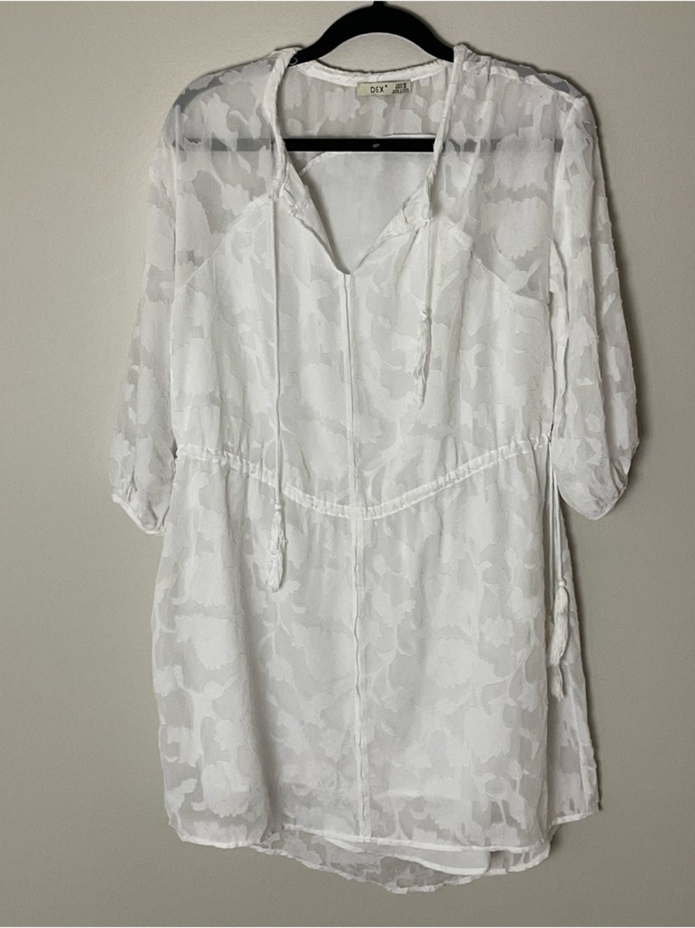 Dex White Sheer Burnout Floral Tie-Front Tunic Mini Dress Romantic Fairy Boho